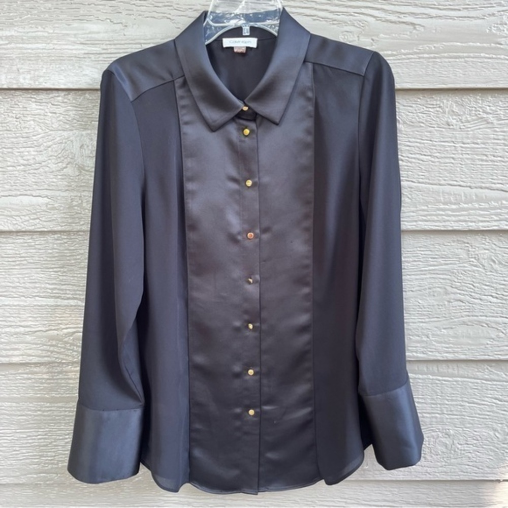 Calvin Klein Black Evening Gold Button Down Shirt Split Cuffs Satin Women Medium